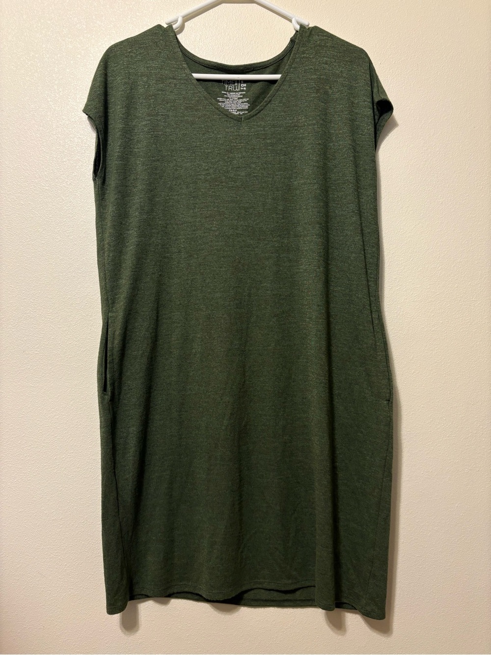 Olive Green V-Neck Cap Sleeve dress with pockets